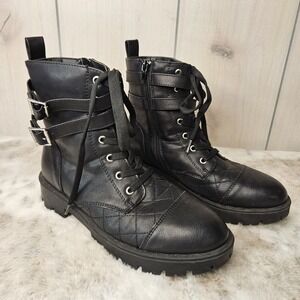 BCBG GIRLS Adrianna Black Combat Biker Boot SIZE 5 Faux Leather Side Zip Buckles